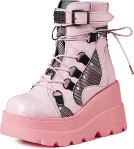 Женские готические боевые ботинки на платформе с крыльями летучей мыши, шнуровкой и ремешками с пряжками, ботильоны на массивной платформе с заклепками, модные мото-ботинки Maimeili, Mesh Surface Pink