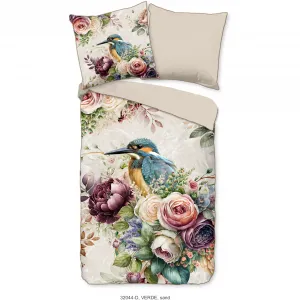 Двустороннее постельное белье Descanso «Verde», мако-сатин, 135х200, окантовка, молния, двусторонний вид, цветы, песочный
