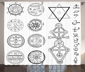 Белая штора в деревенском стиле ABAKUHAUS, коллаж из магических символов, присборенная штора из тесьмы для спальни с петлями и крючками, 280 x 225 см, цвет: белый/черный Abakuhaus