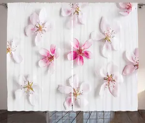 Штора в деревенском стиле ABAKUHAUS Цветущий миндаль, Любовь к лепесткам сакуры, присборенная штора для спальни с петлями и крючками, 280 x 225 см, розовый, нежно-розовый, белый Abakuhaus
