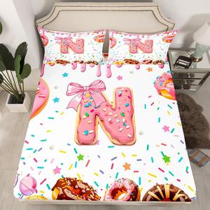 Erosebridal Комплект постельного белья Kids Initial N Letter с принтом пончиков и мороженого, розовый с белыми бантами для девочек, ультрамягкий, Pink N