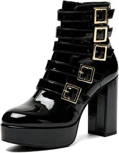 Женские стильные ботильоны с круглыми носками, множеством ремешков с пряжками, на платформе, глянцевые, с высоким устойчивым каблуком, для вечеринок и клуба, короткие, размеры 4-16 US Wansseny, Black