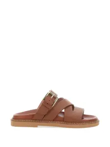 Босоножки без каблука с ремешком и пряжкой Pollini, коричневый
