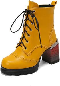 Женские ботильоны на шнуровке с рифленой подошвой, квадратным носком, высоким массивным каблуком, зимние боевые ботинки, прочная классическая обувь JMdfcqer, Yellow