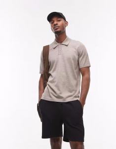 Трикотажная рубашка поло с короткими рукавами ARKET из мериносовой шерсти светло-бежевого цвета