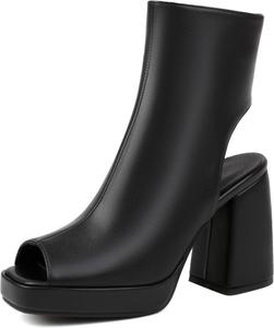 Женские сандалии на платформе Elbslutt с открытым носком, массивным каблуком, ботильоны с открытым носком, на толстом каблуке, ботинки до щиколотки с молнией, Black Pu