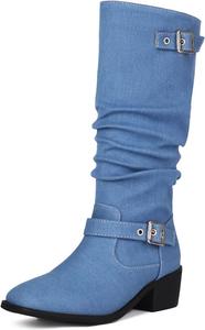 Женские джинсовые сапоги AngryMonkey до середины икры с ремнями и пряжками, стиль вестерн-ковбой, с квадратным носком, удобным массивным низким каблуком, для вечернего образа, больших размеров, высокие сапоги до колена