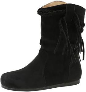 Женские ботильоны на танкетке с потайным каблуком, бахромой, свободной посадкой и круглым носком в винтажном бохо стиле для осени Generic, Black