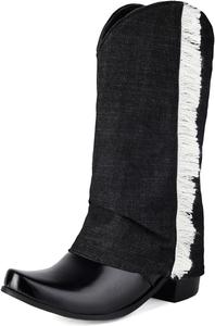 Женские джинсовые ковбойские ботинки UniqueStride с отворотом до середины икры, западный стиль, округлый носок, массивный каблук, ковбойские ботинки с заклепками, Black Tassels