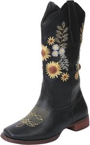 Женские вышитые ковбойские сапоги BORAMAX с изображением подсолнуха, ретро западного стиля, с массивными каблуками, средние по голени, для верховой езды, A-Black