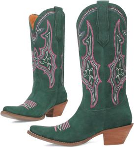 Женские замшевые ковбойские сапоги SHODENSE до середины икры с вышивкой, каблук «ста́к», заостренный носок, стиль вестерн, сапоги до икры, на низком широком каблуке, повседневные винтажные сапоги для ковбойшики, размеры 4-11 M US, Suede Dark Green