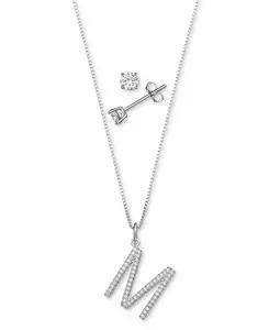 Комплект из двух кулонов с инициалами из кубического циркония и серег-гвоздиков с солитером из стерлингового серебра, созданный для Macy's. Giani Bernini, m