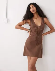 Коричневое льняное платье мини с завязками спереди Monki