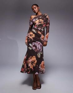 Платье макси ASOS DESIGN с сетчатым принтом, длинными рукавами, свободным лифом и бардо, с шоколадным цветочным принтом