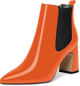 Женские повседневные деловые теплые ботильоны MODENCOCO с заостренным носком, лакированные, на эластичном блочном каблуке высотой 3,3 дюйма, Black Orange
