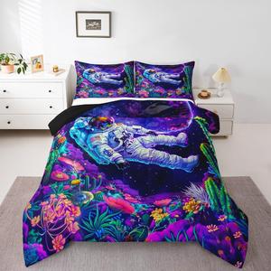 Erosebridal Комплект постельного белья Universe Astronaut с галактическим принтом, пурпурный космический дизайн с кактусами и цветами, White Purple