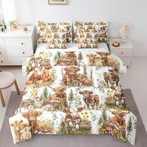 Erosebridal Комплект постельного белья Highland Cow с принтом коровы в диких цветах, западный стиль ранчо, White Green Brown