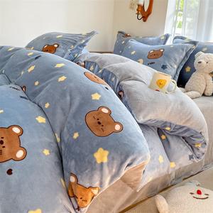 Yalu Постельное белье, 4 предмета, 200x220 см, 2.0 кг, молочный флис, утепленное, серый, 2.0m, комплект с простыней