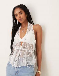 Прозрачный сетчатый топ-халтер с пайетками серого цвета Asos Design