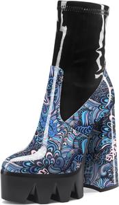 Женские ботильоны на платформе Aachcol с толстым каблуком, высокой пяткой, коротким голенищем, молнией, округлым закрытым носком, лакированные, каблук 5,5 дюйма, Blue Multicolor