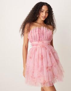Мини-платье-бандо с кружевом и бусинами из тюля в несколько ярусов нежно-розового цвета с цветочным узором Lace & Beads