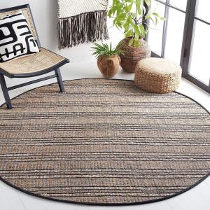 Круглый ковер 214 x 214 см SAFAVIEH Natural Fiber Collection Black/Natural NFB651Z ручной работы плоского плетения в полоску из джута и хлопка