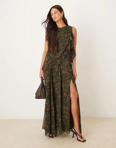 Платье макси ASOS DESIGN с воротником-борцовкой, оборками и зеленым абстрактным принтом