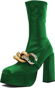 Женские ботильоны YDN на квадратном носке с застежкой на щиколотке, цепочкой, толстым каблуком средней высоты, до середины икры, для вечеринок и танцев, размеры 4-15 США, Green