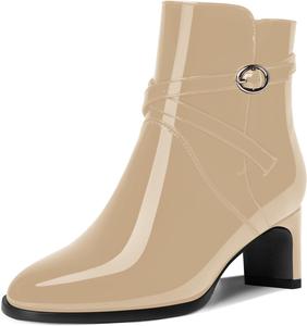 Женские лакированные уличные ботильоны с круглым носком, пряжкой, модные с массивным невысоким каблуком 2 дюйма DEMOSHINE, Beige