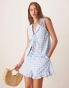 Майка-топ с оборками и большим воротником в сине-белую клетку Asos Design