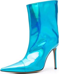Женские высокие сапоги Yolkomo до колена с острым носком на шпильке, металлические, Sky Blue-Short