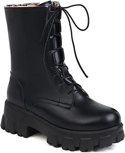 Женские ботильоны VOKLIN с круглым носком для запряжки в стиле вестерн, шнуровкой и молнией, с платформой и средним каблуком, короткие нарядные ботинки, Black