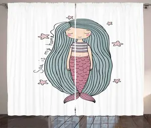 Штора в деревенском стиле Русалка от ABAKUHAUS, Море - моя родная девочка, присборенная штора для спальни с петлями и крючками, 280 x 225 см, цвет: сине-серый, пурпурно-розовый Abakuhaus