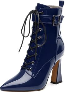 Женские ботильоны на шнуровке с острым носком и высоким каблуком, с боковой молнией, модные однотонные короткие ботинки для женщин RLYGHWAO, Navy Blue Patent