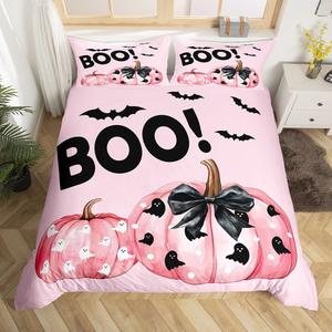 Erosebridal Комплект постельного белья Pink Halloween с милыми тыквами, привидениями и летучими мышами в готическом стиле, Black and Pink