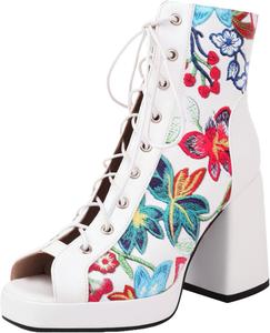 Женская мода: ботильоны с открытым носком на массивном каблуке 9,5 см, короткие многокрасочные с кружевами и платформой, офисный стиль LYYSKY, White(5731)