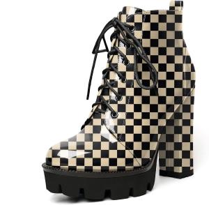 Женские ботильоны на платформе Esvowido с круглым носком, шнуровкой, грубой высокообъемной подошвой, боковой молнией и мехом, короткие ботинки на высоком каблуке, Checkered Beige
