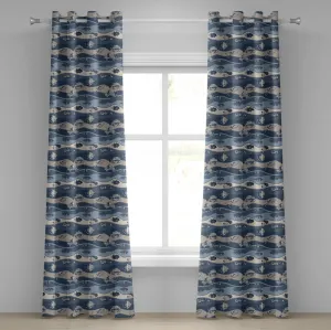 Штора ABAKUHAUS "Рыбка" с люверсами, геометрический узор в азиатском стиле с изображением животных и мультфильмов, декоративная, двухпанельная, 280 см x 225 см, цвет "кадетский синий загар" Abakuhaus