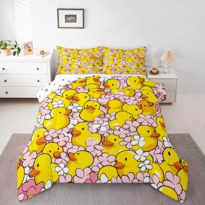 Erosebridal Комплект постельного белья Cute Yellow Duck с розово-белым цветочным покрывалом, мультяшными уточками и кавайным принтом, Yellow Pink