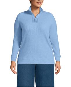 Пуловер большого размера с длинными рукавами, вафельной текстурой и молнией до середины груди Lands' End, Light true blue heather