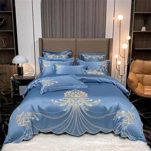 Alloaone Комплект постельного белья с вышивкой золотым фениксом, синий сатин хлопок