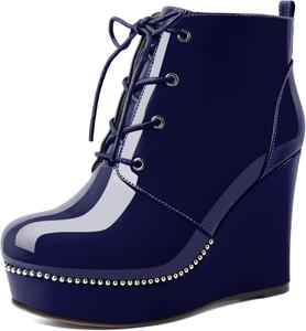 Женские ботильоны Eldof Wedge с круглым носком, шнуровкой и бисером, высокие на каблуке 4 дюйма, из лакированной кожи, Navy