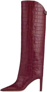 Женские узкие ретро-сапоги на высоком каблуке с каменным узором, мода европейско-американского подиума Generic, Burgundy Single