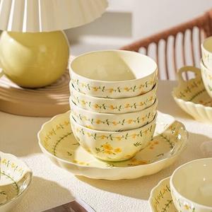 Ceramics Набор керамических мисок и тарелок Fresh Underglaze Color, красивые чаши для риса и тарелки, 11-сантиметровые чаши Lotus Flower, комплект из 2 предметов
