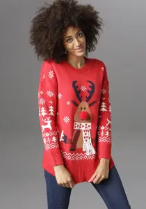 Рождественский свитер Aniston CASUAL с круглым носом и шарфом с бахромой, цвет Rot-Weiß-Marine-Hellbraun-Braun