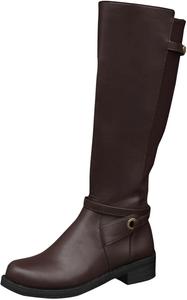 Женские сапоги до колена из искусственной кожи PU с низким массивным каблуком, круглым носком и боковой молнией, осенне-зимние сапоги для езды на мотоцикле TXGMNA, Coffee