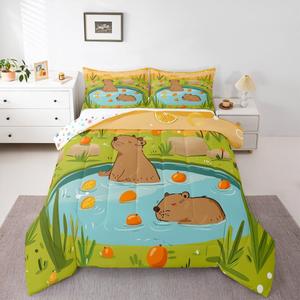 Erosebridal Комплект постельного белья Ocean Capybara с мультяшными морскими животными, желто-синий кавайный дизайн для детей и взрослых, Yellow Green Brown