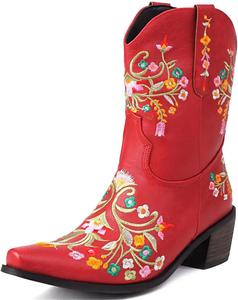 Женские ботильоны с заостренным носком, вышивкой цветов, винтажные западные ковбойские ботинки, повседневная обувь для женщин Generic, Red