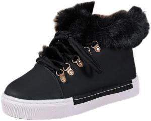 Зимние женские короткие ботинки на снег, из плотной кожи с шнуровкой, утепленные плюшом, плоская подошва, для холодной погоды Generic, Black
