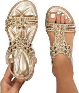 Женские сандалии ZBYY, босоножки с плоской подошвой, бохо стиль, со стразами, открытый носок, эластичный ремешок на щиколотке, летние удобные пляжные сандалии, 5.5 Gold